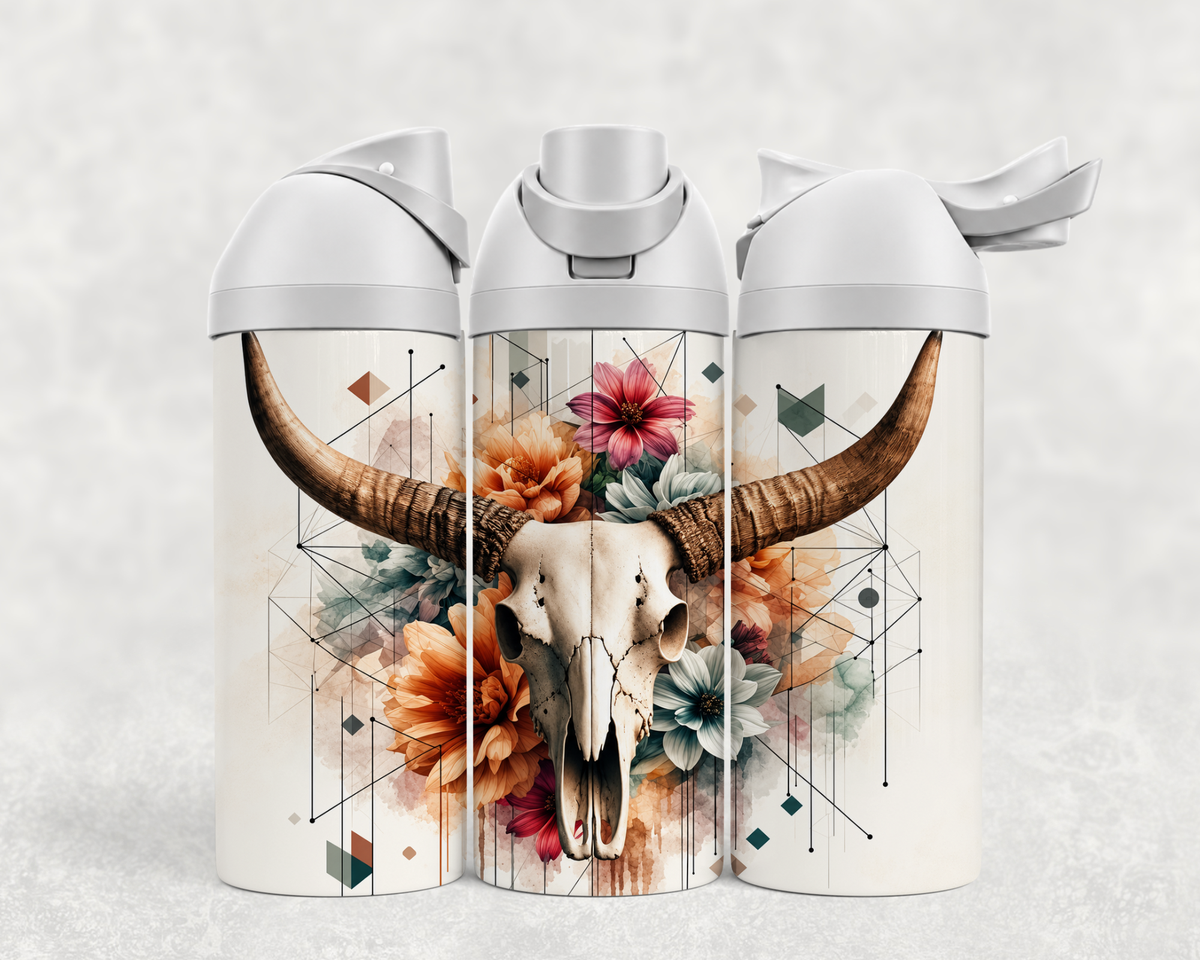 Bouteille Wave 24 oz personnalisée – Crâne de bœuf bohème et fleurs