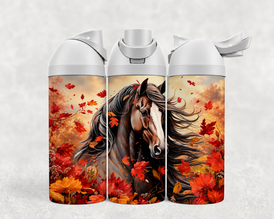 Bouteille Wave 24 oz personnalisée – Cheval noir et feuilles d'automne rouges