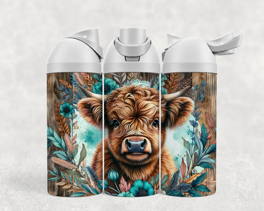 Bouteille Wave 24 oz personnalisée avec bébé vache Highland bohème, turquoise et bois