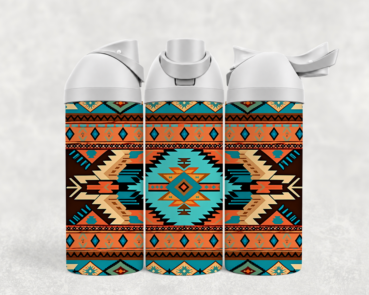 Bouteille Wave 24 oz personnalisée – Motif aztèque orange et turquoise