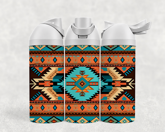Bouteille Wave 24 oz personnalisée – Motif aztèque orange et turquoise