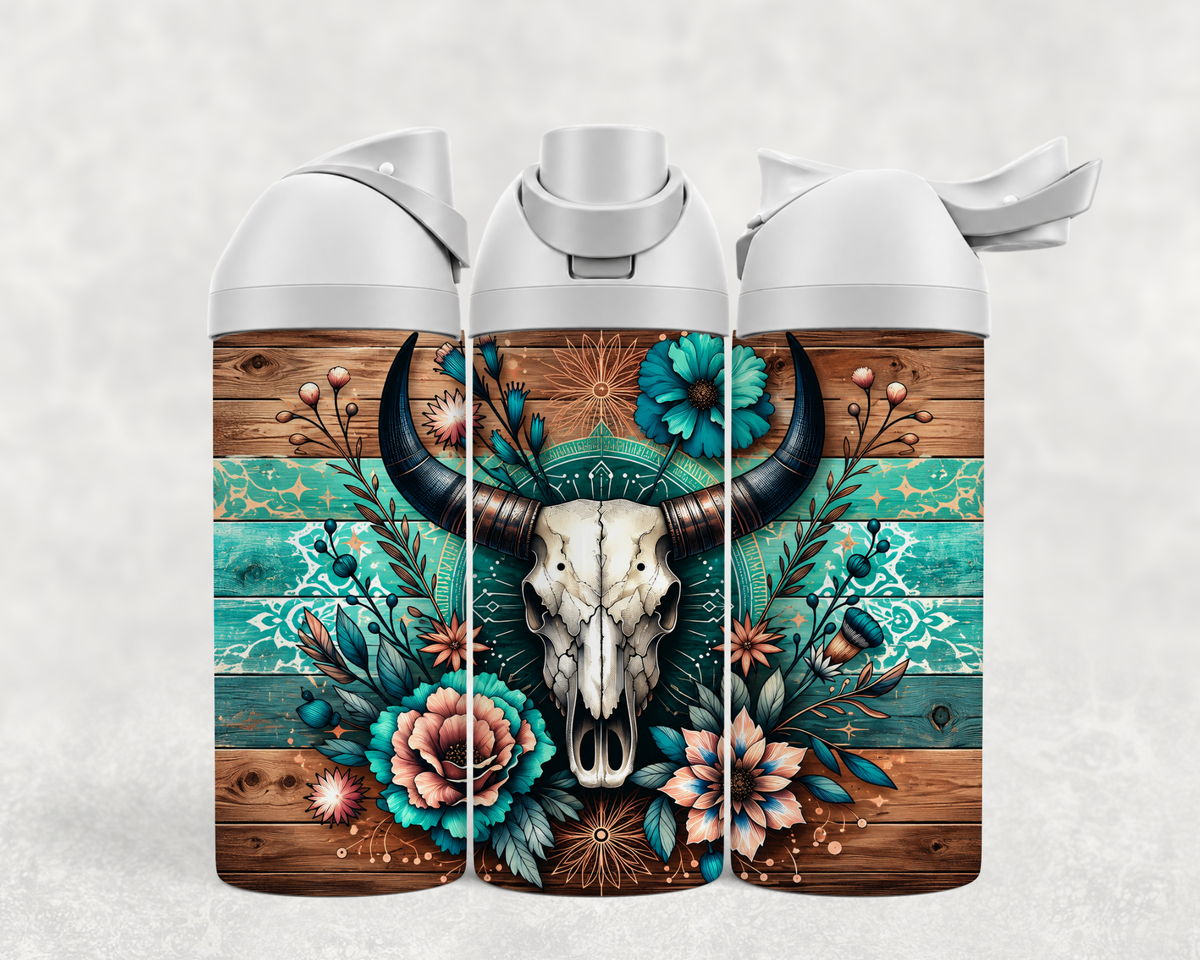 Bouteille Wave 24 oz personnalisée – Crâne de bœuf turquoise sur bois
