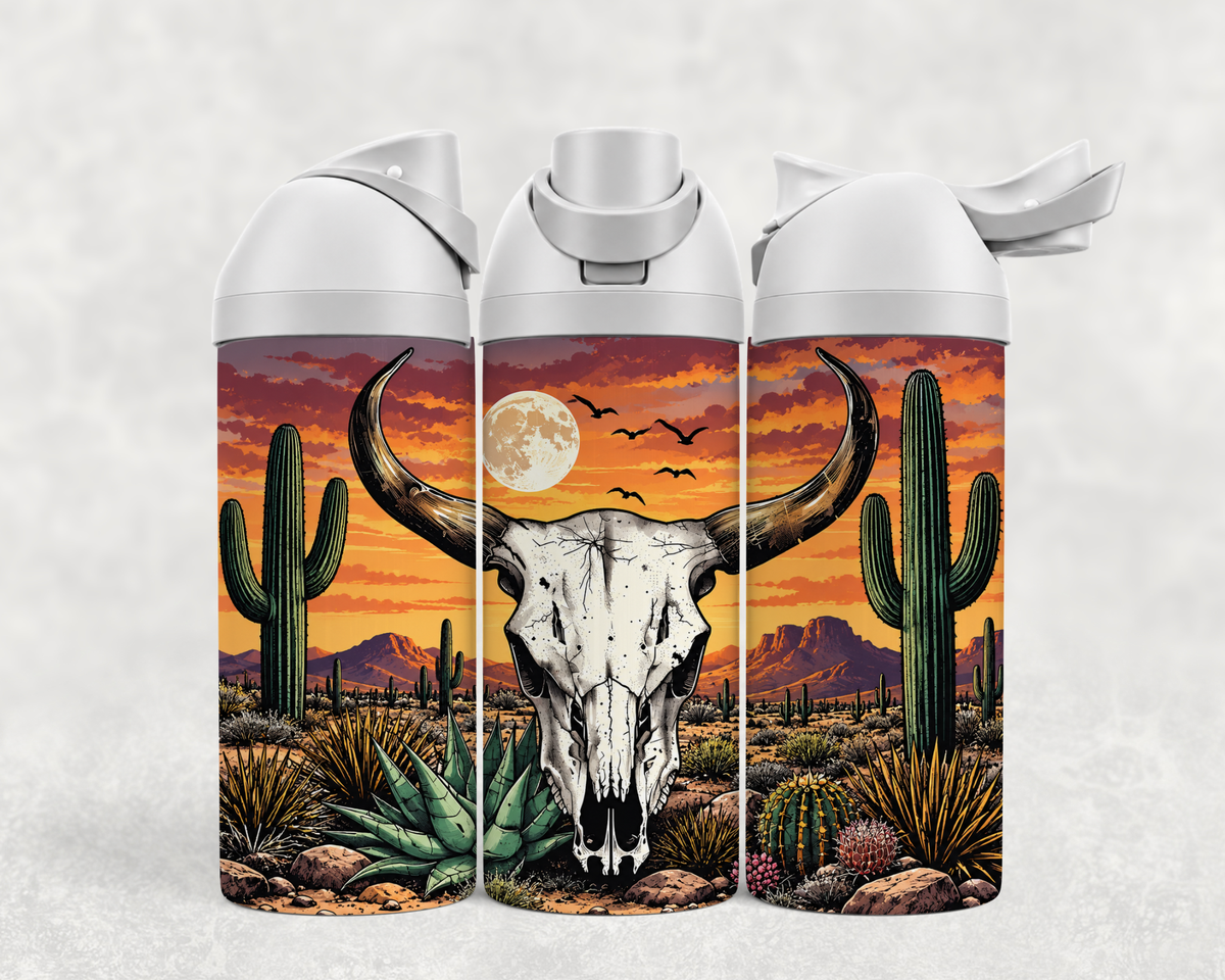 Bouteille Wave 24 oz personnalisée – Crâne de bœuf et cactus au coucher de soleil