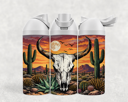 Bouteille Wave 24 oz personnalisée – Crâne de bœuf et cactus au coucher de soleil