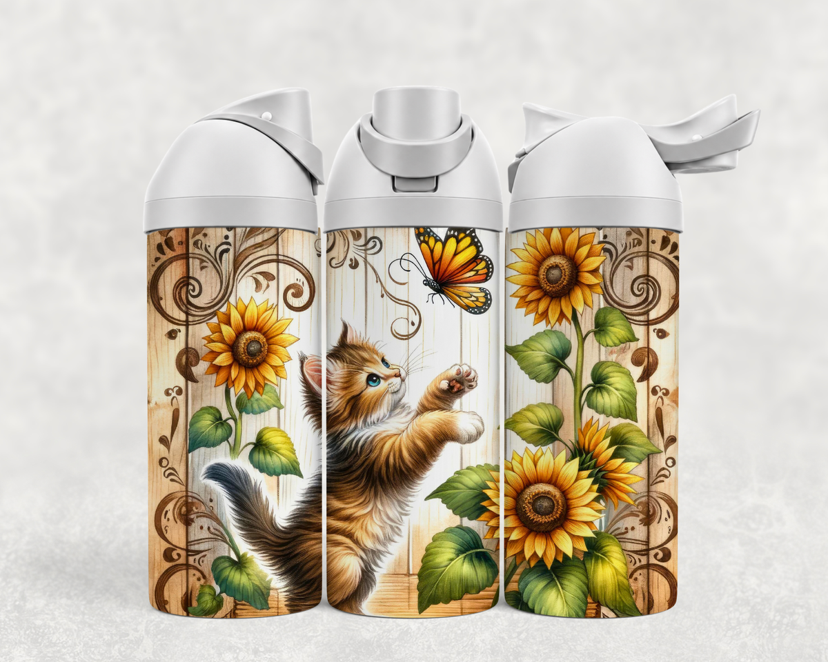 Bouteille Wave 24 oz personnalisée avec chaton roux, papillon et tournesols