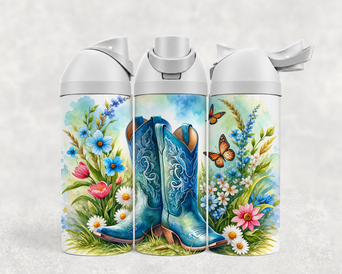 Bouteille Wave 24 oz personnalisée – Bottes de cowgirl bleues, fleurs sauvages et papillons