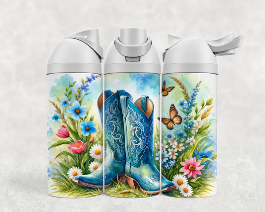 Bouteille Wave 24 oz personnalisée – Bottes de cowgirl bleues, fleurs sauvages et papillons