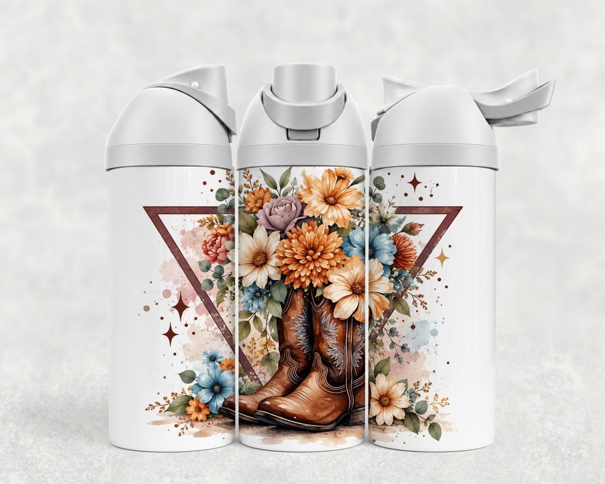 Bouteille Wave 24 oz personnalisée – Bottes western, fleurs et triangle bohème