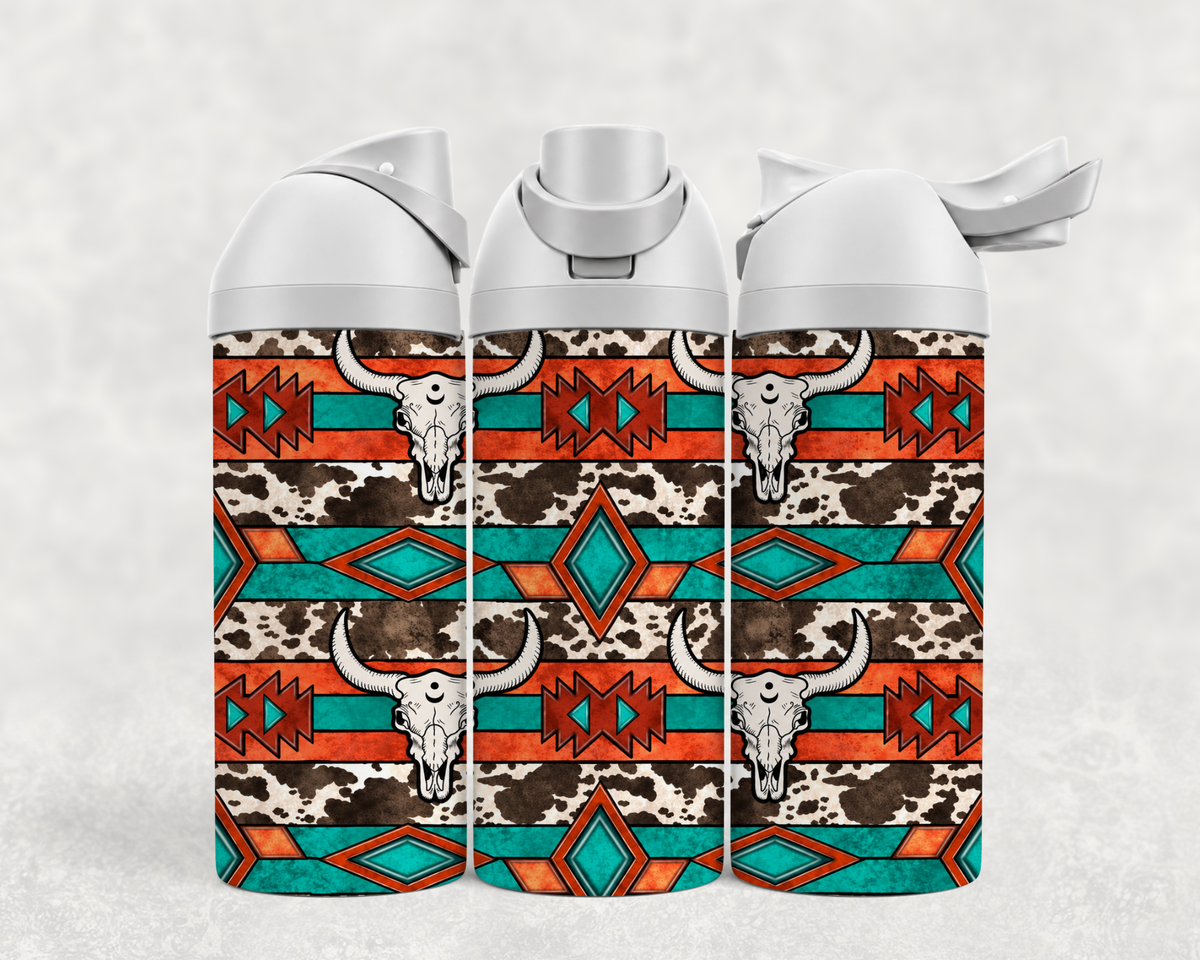 Bouteille Wave 24 oz personnalisée – Motif aztèque et crânes de bœuf sur imprimé vache