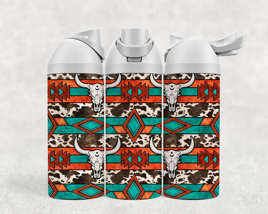 Bouteille Wave 24 oz personnalisée – Motif aztèque et crânes de bœuf sur imprimé vache