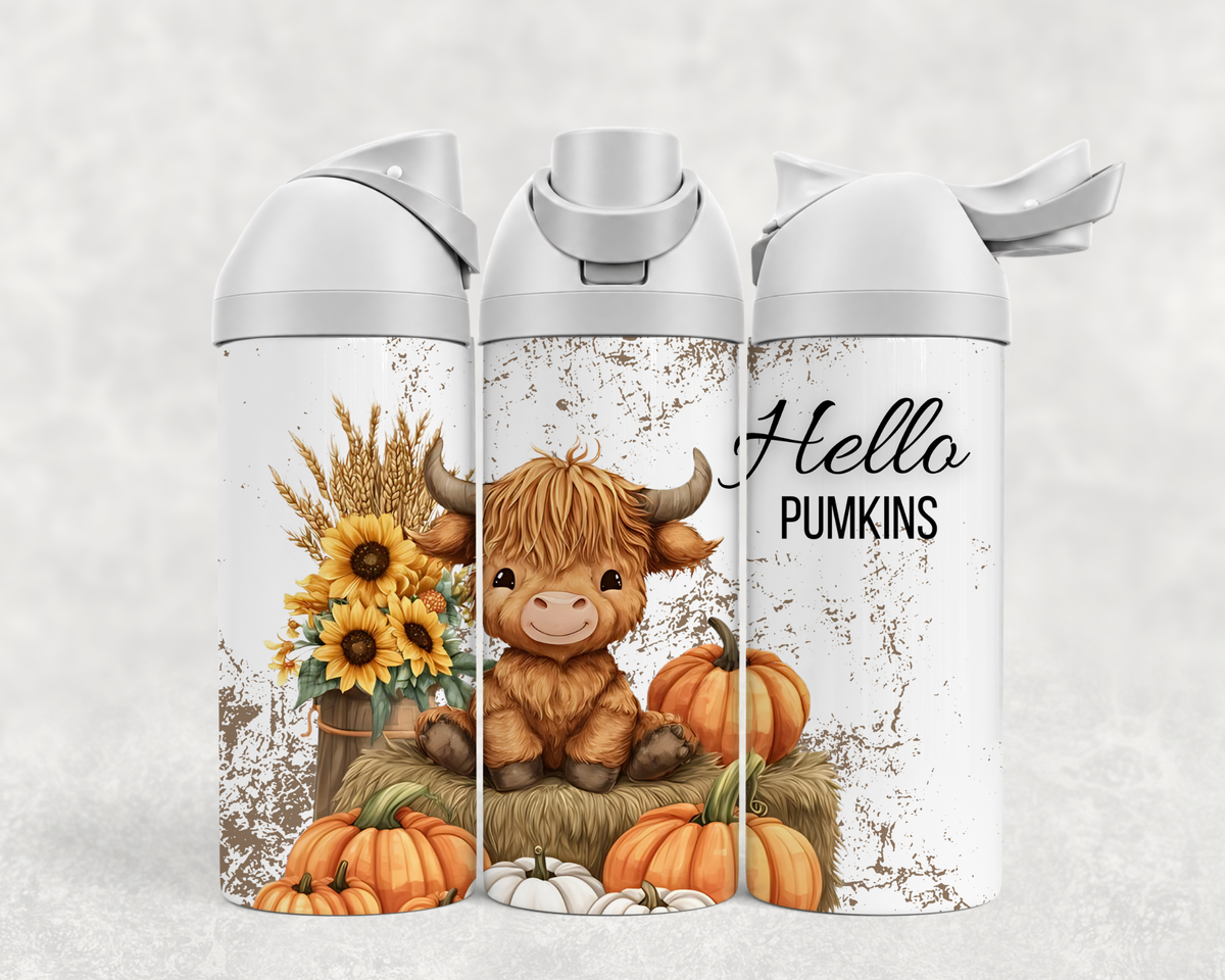 Bouteille Wave 24 oz personnalisée avec bébé vache Highland, tournesols et citrouilles