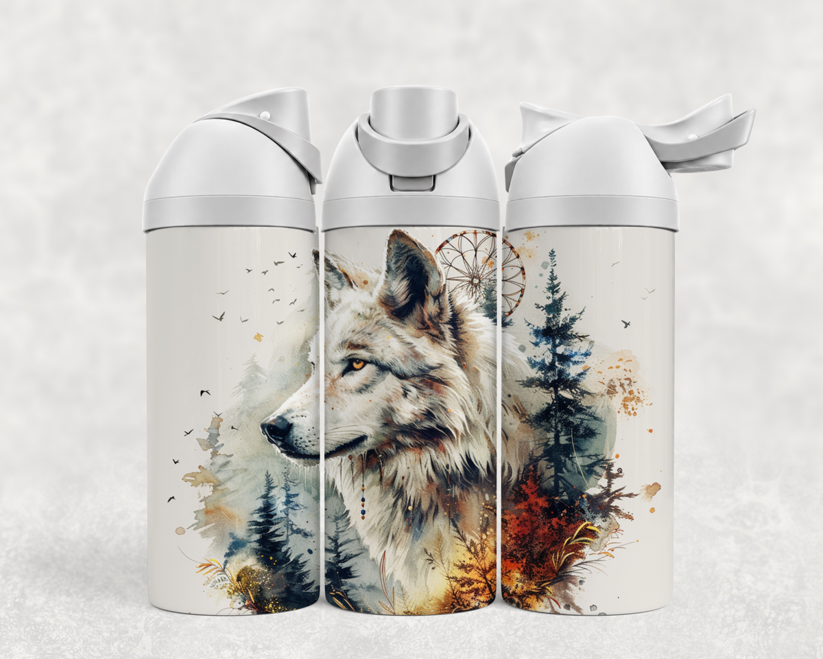 Bouteille Wave 24 oz personnalisée avec loup blanc à l'aquarelle, sapins et capteur de rêves