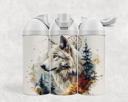 Bouteille Wave 24 oz personnalisée avec loup blanc à l'aquarelle, sapins et capteur de rêves
